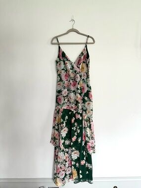 Lulu's Green Floral Tiered Dress with Pink Garden Blooms
